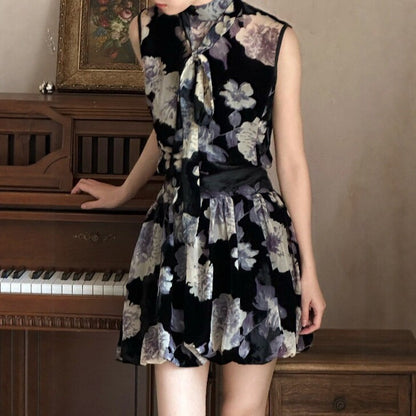 Chinese Style Floral Print Chiffon Modernized Two-Piece Set Dress Set