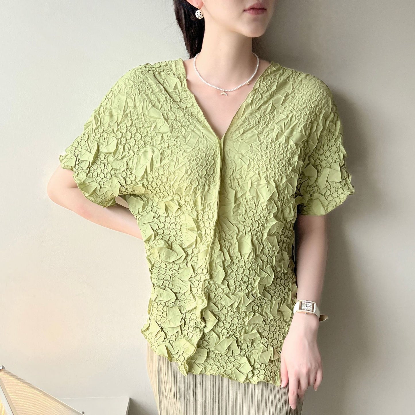 Clothing  Soft Fabric V-Neck Top with Hand Embroidery and Pleated Design Casual Everyday WearShort Sleeve