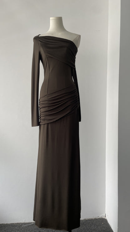 Asymmetrical Shoulder Long Sleeve Fitted Pleated Maxi Dress, Elegant Pleated Dress, Simple Fitted Long Dress