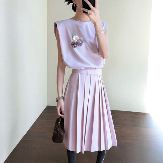 Gentle Pink Color Palette! Sleeveless Loose Vest with 3D Cut Pleated Skirt Set