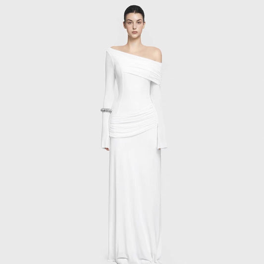 Asymmetrical Shoulder Long Sleeve Fitted Pleated Maxi Dress, Elegant Pleated Dress, Simple Fitted Long Dress