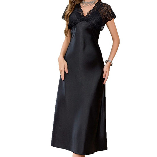 Women Summer  Sexy V-Neck Lace Short Sleeve Slit Sleepwear Homewear