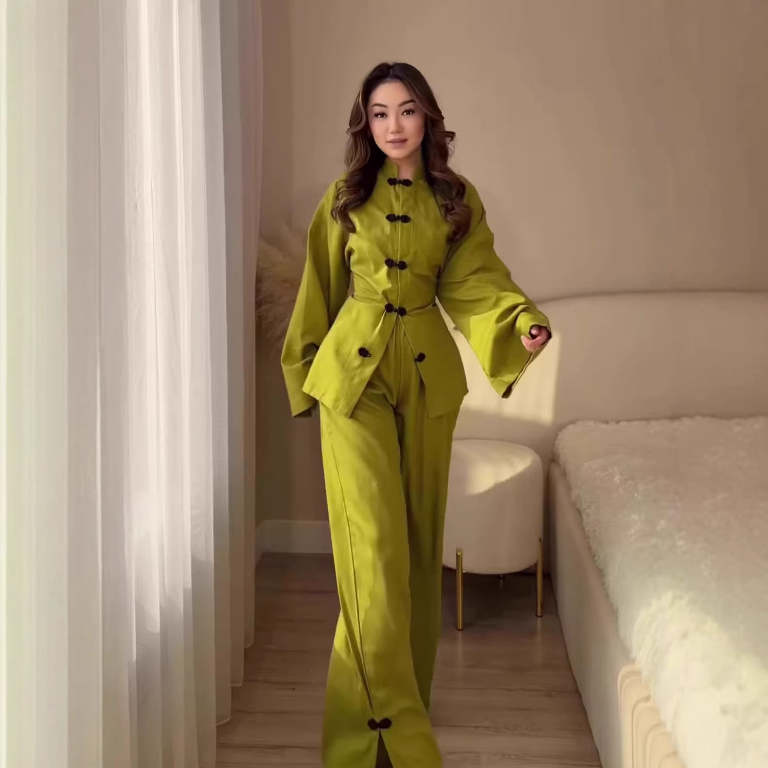 Vintage Comfortable Long Sleeve Loose Set, Simple Long Pants Casual Spring Outfit