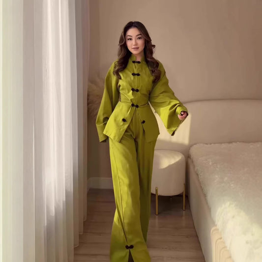 Vintage Comfortable Long Sleeve Loose Set, Simple Long Pants Casual Spring Outfit