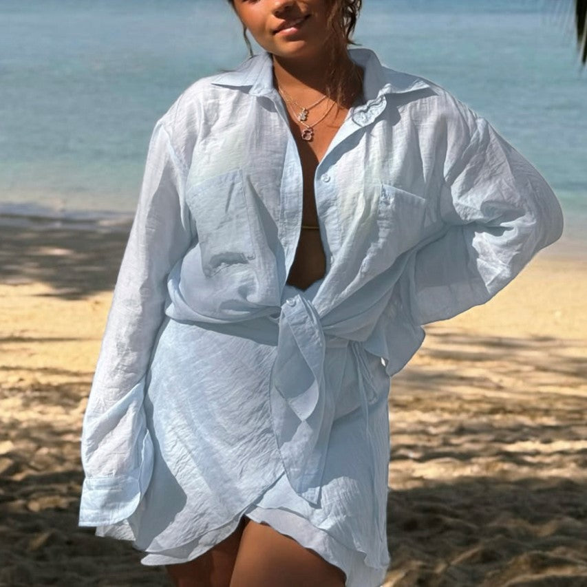 Fashionable Summer Beach Sun Protection Shirt Casual Vacation Dress Swimwear Cover-Up Blouse Set