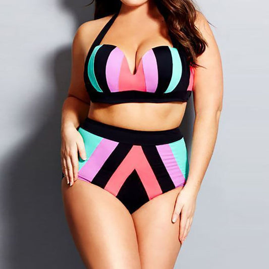 Plus Size Push Up women swimsuit bikini set Large size rainbow color high waist lady swimming suit bath shower wear bikini