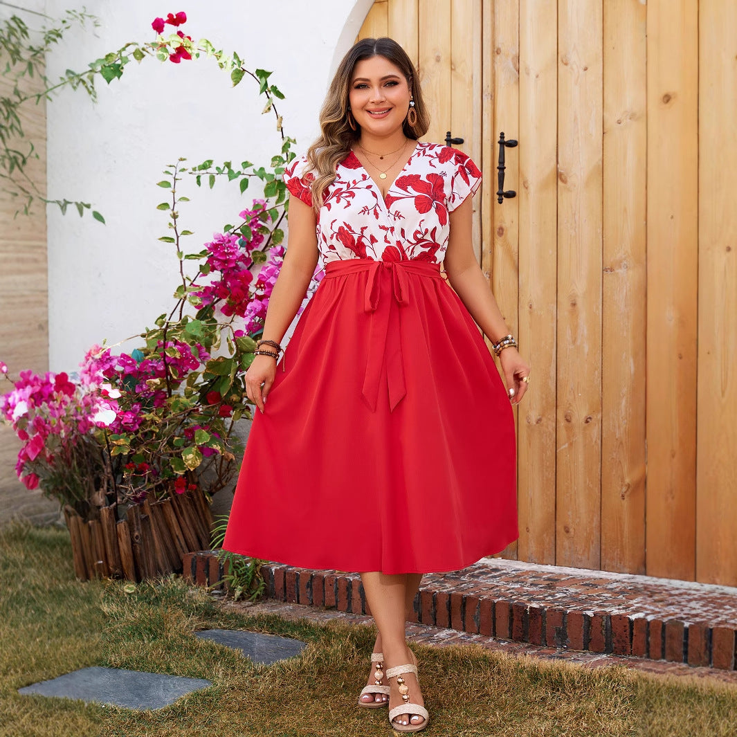 Plus Size Printed Patchwork Red Short Sleeve Dress