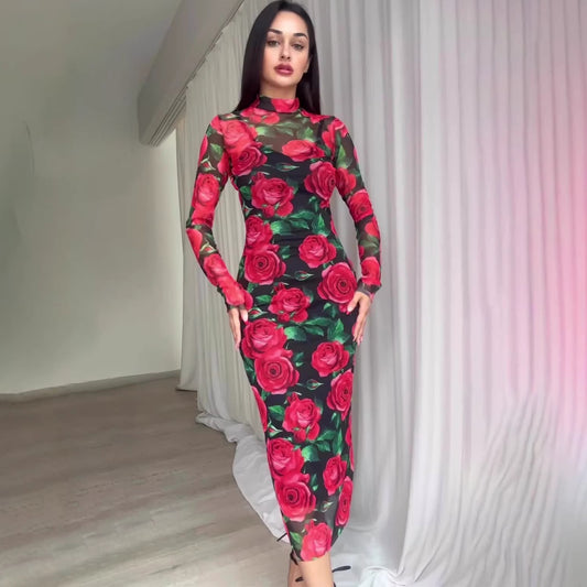 Flower Dress Printed Mid-Length  Floral New Autumn Cross-border Long Dress