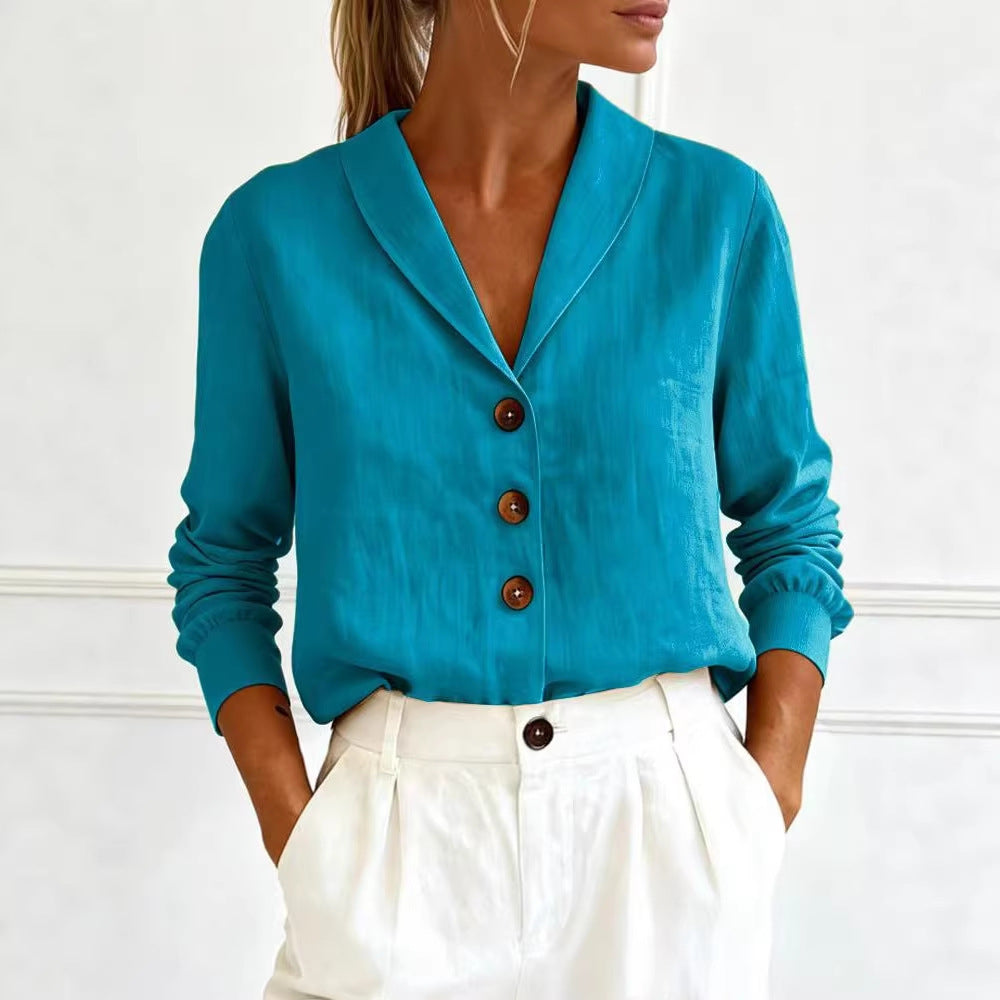 Cotton and linen long sleeved doll collar button down shirt