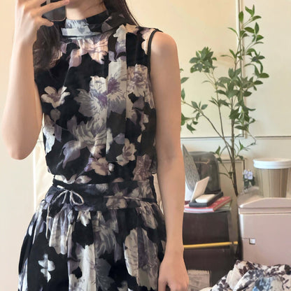 Chinese Style Floral Print Chiffon Modernized Two-Piece Set Dress Set