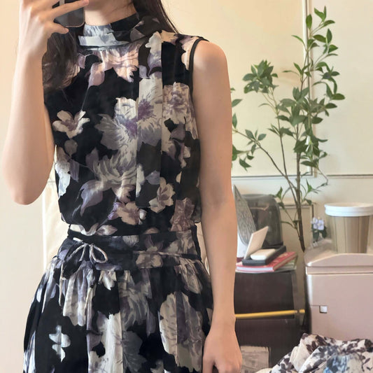 Chinese Style Floral Print Chiffon Modernized Two-Piece Set Dress Set