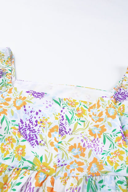 Multicolor Plus Size Floral Print Ruffle Bubble Sleeve Babydoll Dress