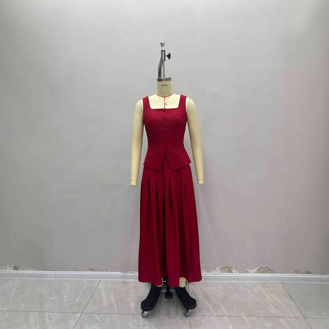 Sleeveless vest half skirt large umbrella slit skirt set