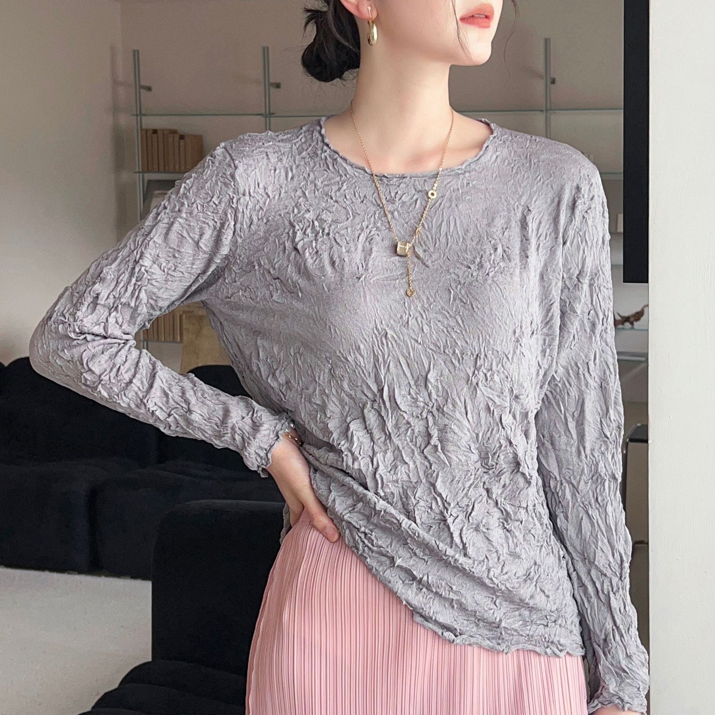Pleated Soft Fabric Fashion Top with Irregular Ruffles, Versatile for Layering or Wearing Alone