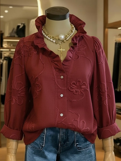 Lace printed cotton linen sweet shirt