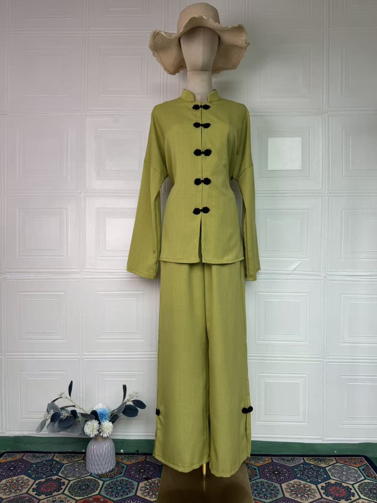 Vintage Comfortable Long Sleeve Loose Set, Simple Long Pants Casual Spring Outfit