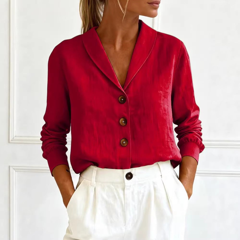 Cotton and linen long sleeved doll collar button down shirt