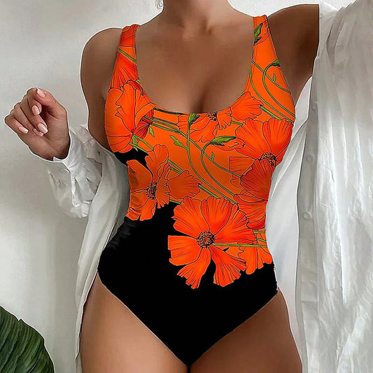 Orange flower print shoulder strap for women one-piece swimsuit for women