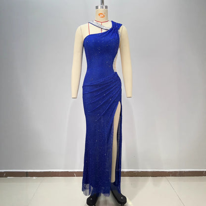Fashion Backless One-Shoulder Rhinestone Decorated Fitted Sleeveless Pleated Slit Long Bodycon Dress for Women