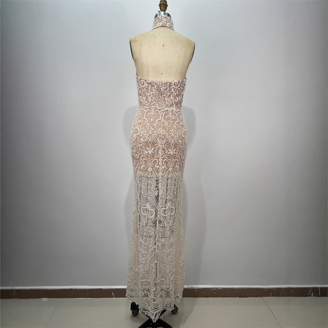 Fashion Sequin Women's Halter Sexy Sleeveless Sequin Fitted Long Bodycon Party Dress