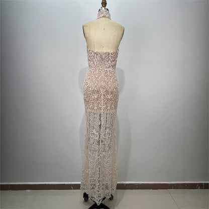 Fashion Sequin Women's Halter Sexy Sleeveless Sequin Fitted Long Bodycon Party Dress