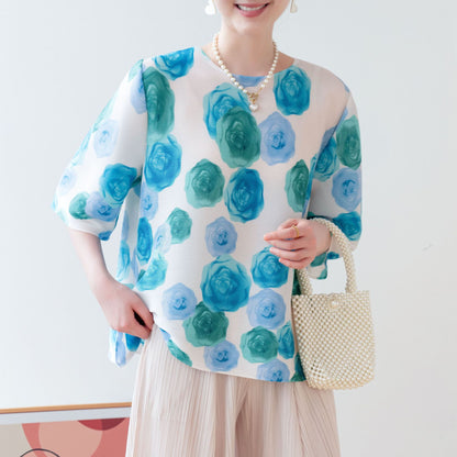 Fashionable Printed Loose Fit T-Shirt with Pleated Design Round Neck Oversized Casual Top for Summer