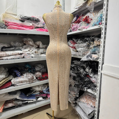 Shiny Diamond Micro-Sexy Halter Sleeveless Casual Beaded Fitted Long Bodycon Party Dress for Women