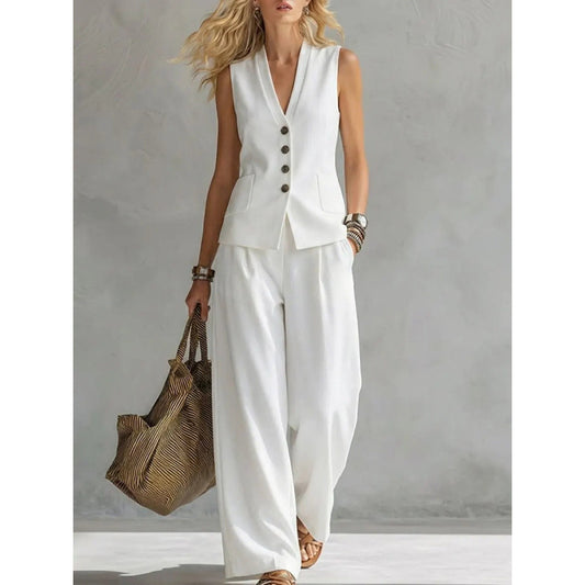 Solid color sleeveless casual linen vest and pants set
