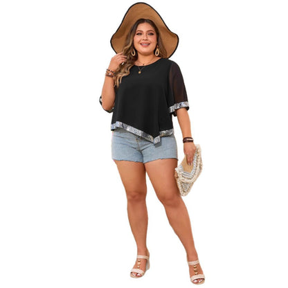 Plus Size Spring and Summer Women's Loose Round Neck Irregular Hem Top Black Plus Size Top