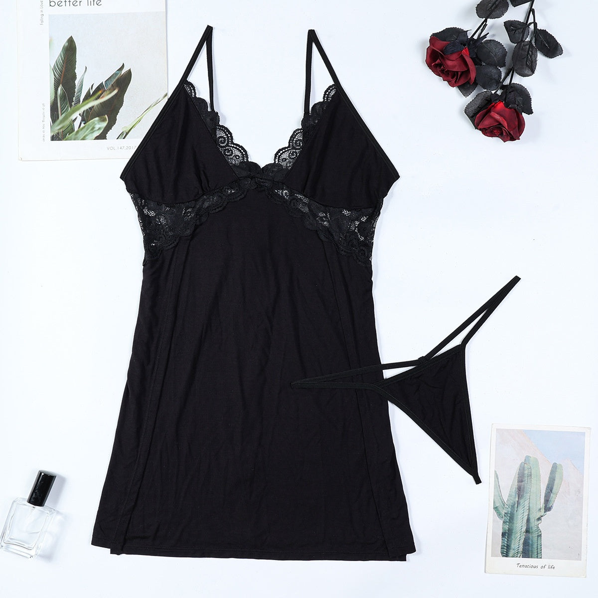 Black Solid Lace Splicing Modal Cotton High Slit Thigh-High Sexy Strap Nightgown Two-Piece Set Homewear