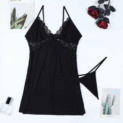 Black Solid Lace Splicing Modal Cotton High Slit Thigh-High Sexy Strap Nightgown Two-Piece Set Homewear