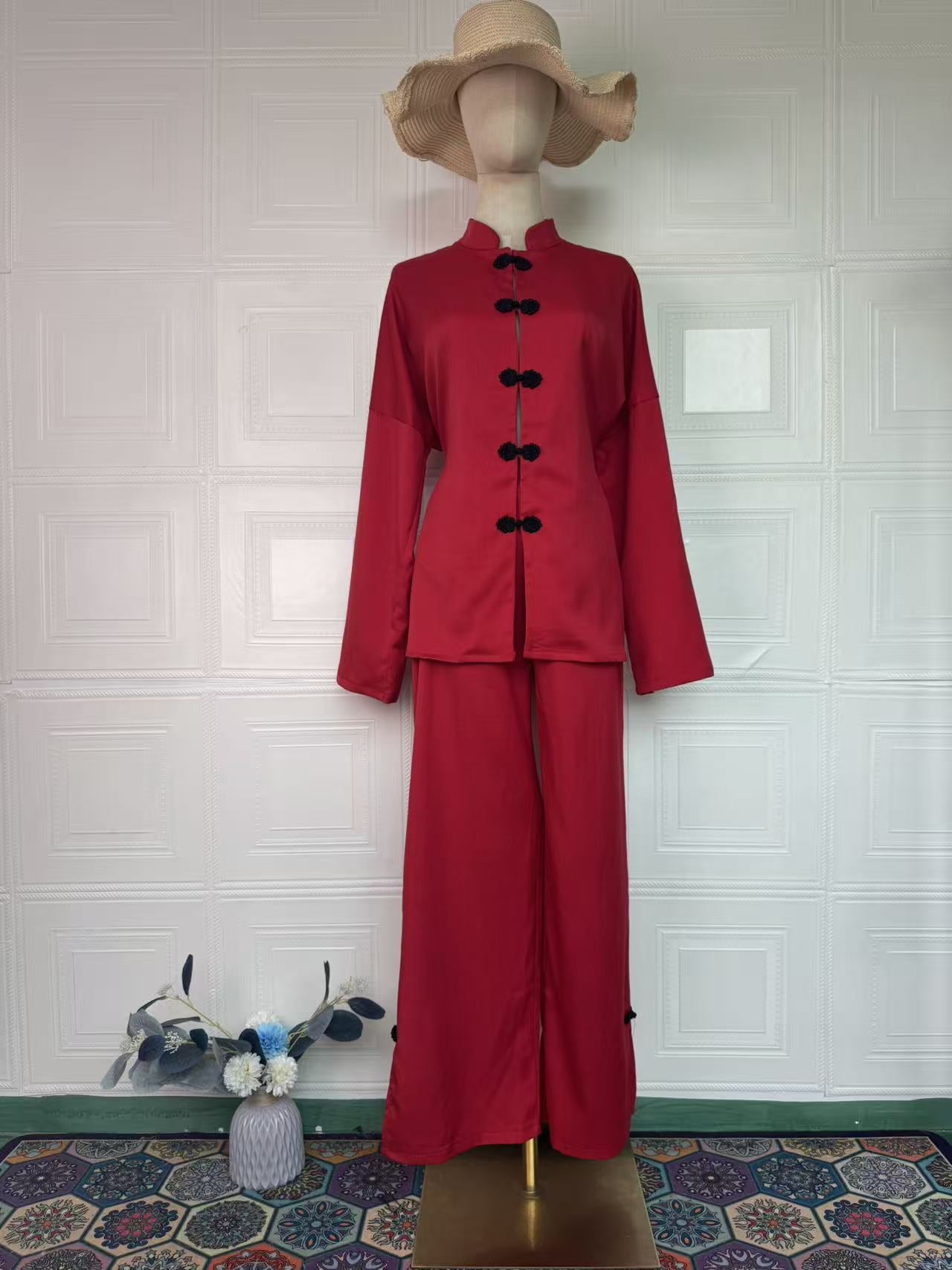 Vintage Comfortable Long Sleeve Loose Set, Simple Long Pants Casual Spring Outfit