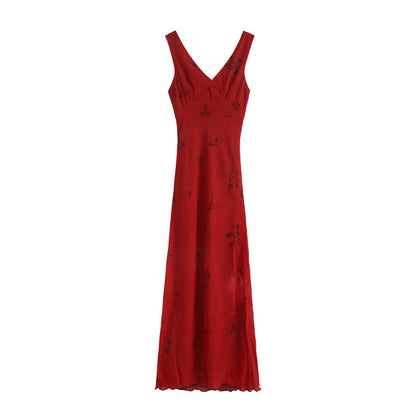 Rose Red V-Neck Strap Dress for Women Summer Slim Waist Bodycon Vacation Long Dress Women's Summer Dress