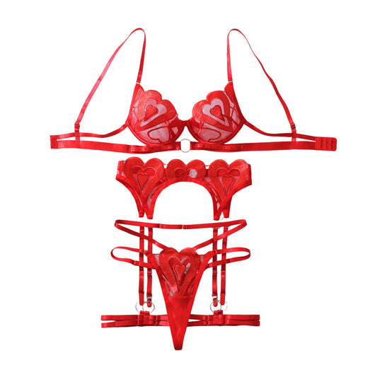 Heart Embroidery Push-Up Shaping Sexy Underwear Set, 4-Piece Separated Set