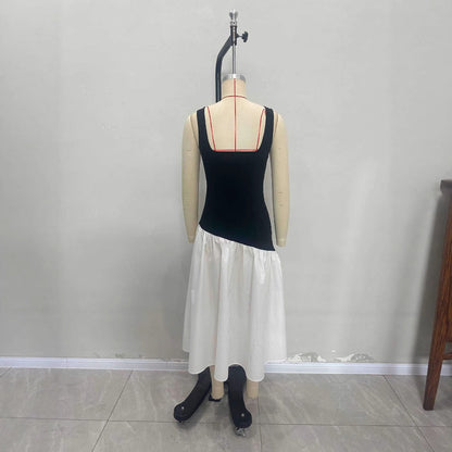 Sleeveless black and white contrasting long skirt