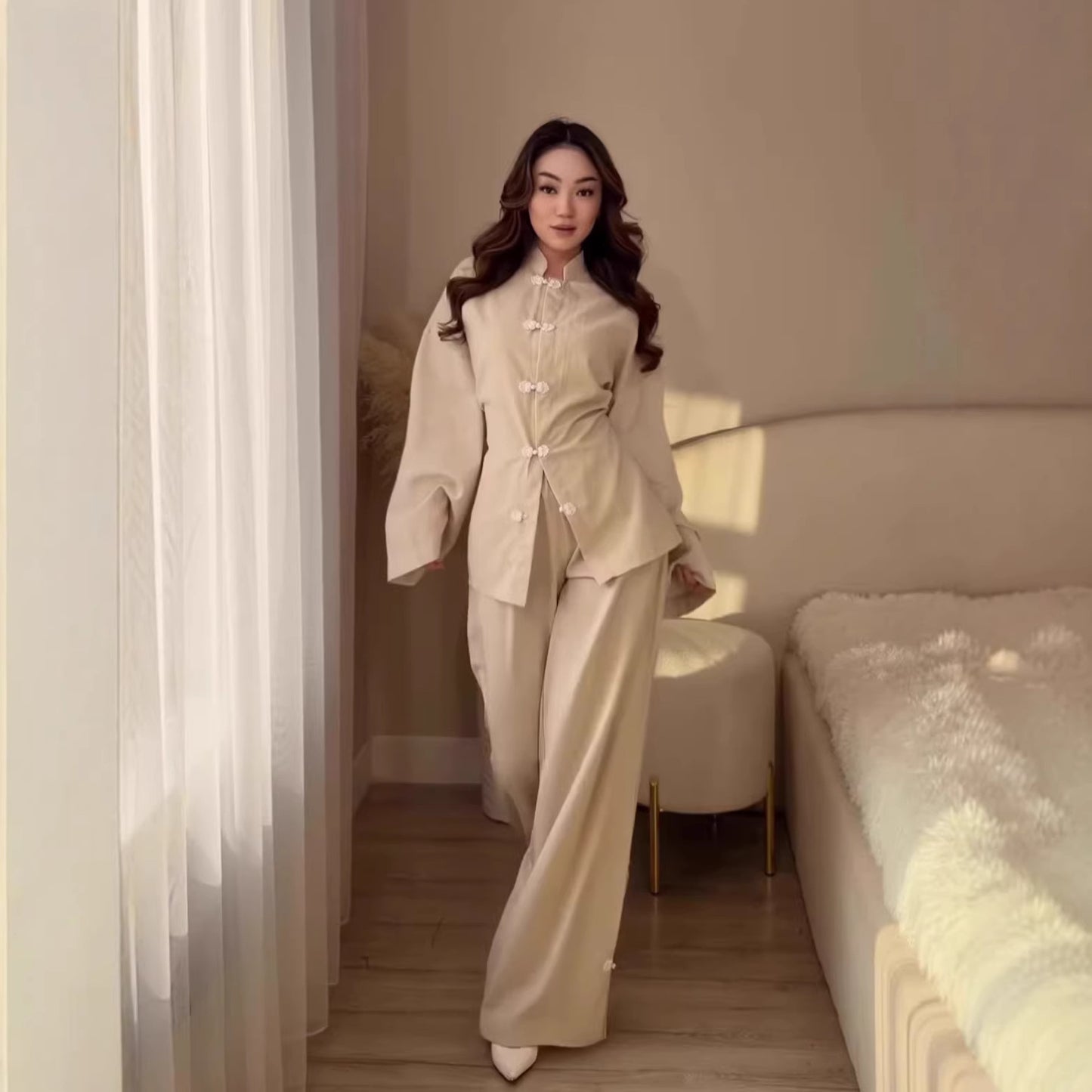 Vintage Comfortable Long Sleeve Loose Set, Simple Long Pants Casual Spring Outfit