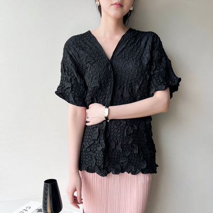 Clothing  Soft Fabric V-Neck Top with Hand Embroidery and Pleated Design Casual Everyday WearShort Sleeve