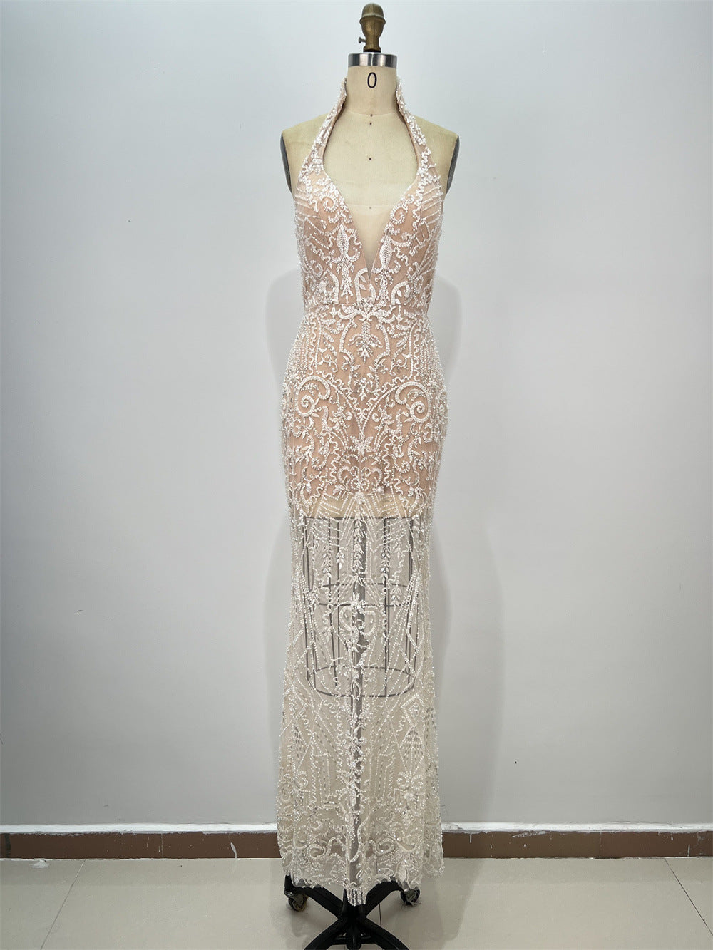 Fashion Sequin Women's Halter Sexy Sleeveless Sequin Fitted Long Bodycon Party Dress
