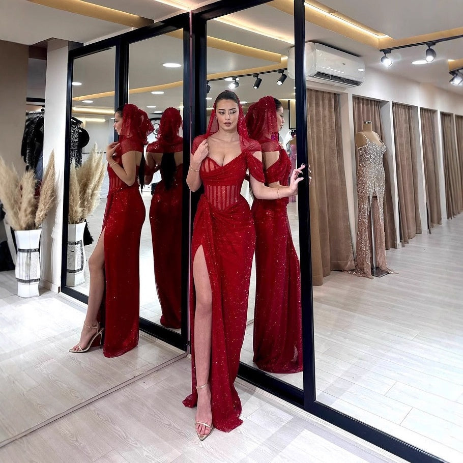 Sexy Strapless One-Shoulder Ruched Slit Long Fitted Bodycon Dress