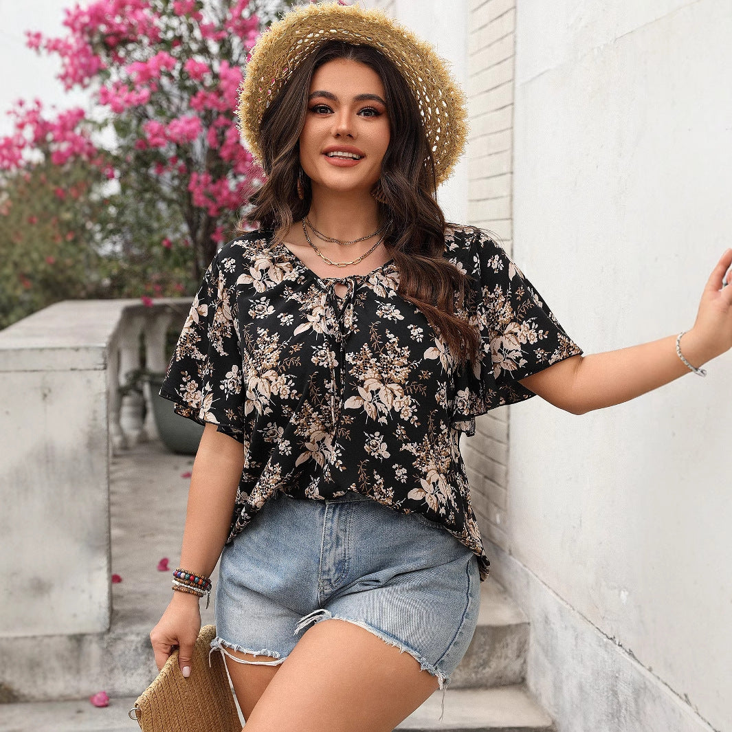 Custom Plus Size Women's Casual Loose Printed Short Sleeve Top