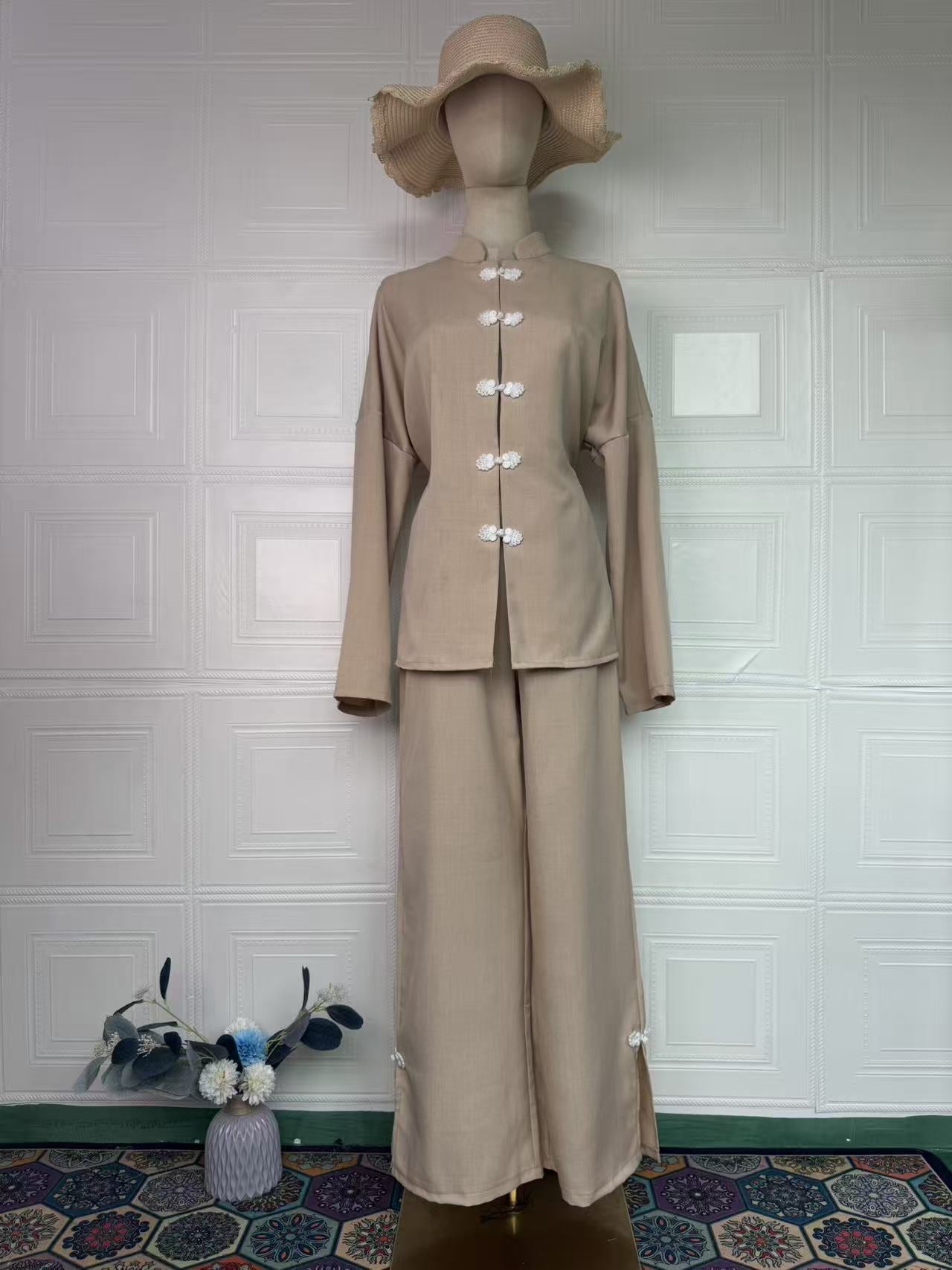 Vintage Comfortable Long Sleeve Loose Set, Simple Long Pants Casual Spring Outfit
