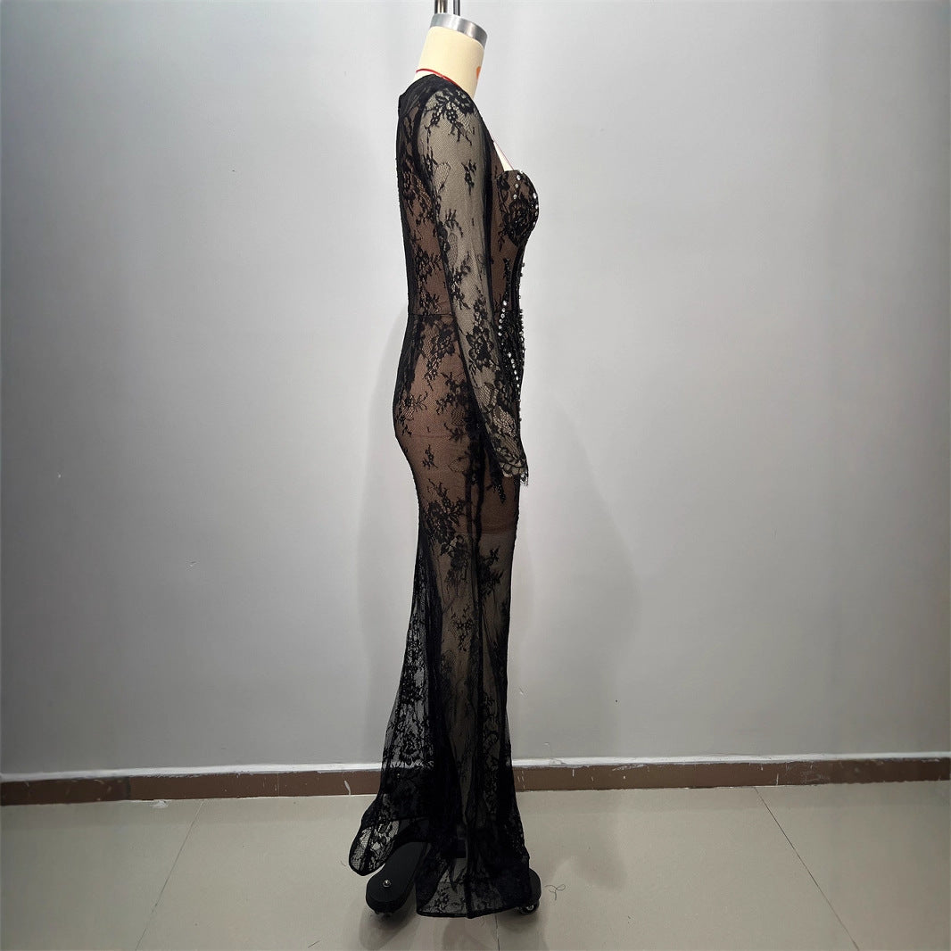 Foreign Trade Fashion Lace Long Sleeve Square Neck Fitted Long Dress Heavy Work Lace Party Evening Gown Women's Dress