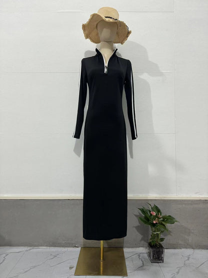 Slim-fitting bodycon V-neck dress, casual ribbed design comfortable long sleevemature fashion