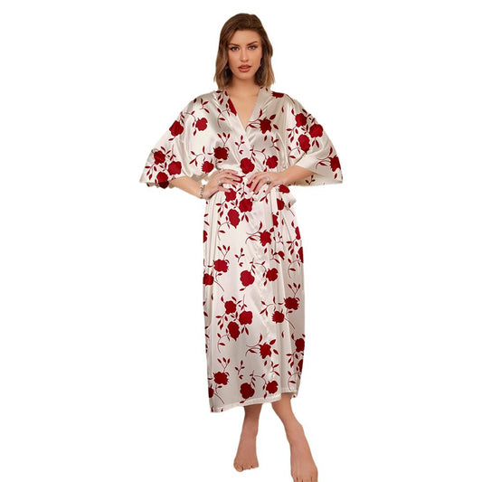 Women's Spring and Summer Casual Comfortable Thin Printed Long Robe Homewear