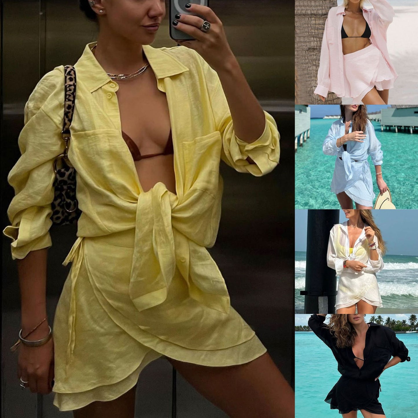 Fashionable Summer Beach Sun Protection Shirt Casual Vacation Dress Swimwear Cover-Up Blouse Set