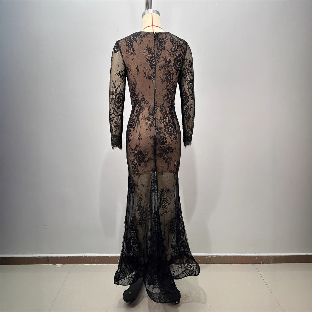Foreign Trade Fashion Lace Long Sleeve Square Neck Fitted Long Dress Heavy Work Lace Party Evening Gown Women's Dress