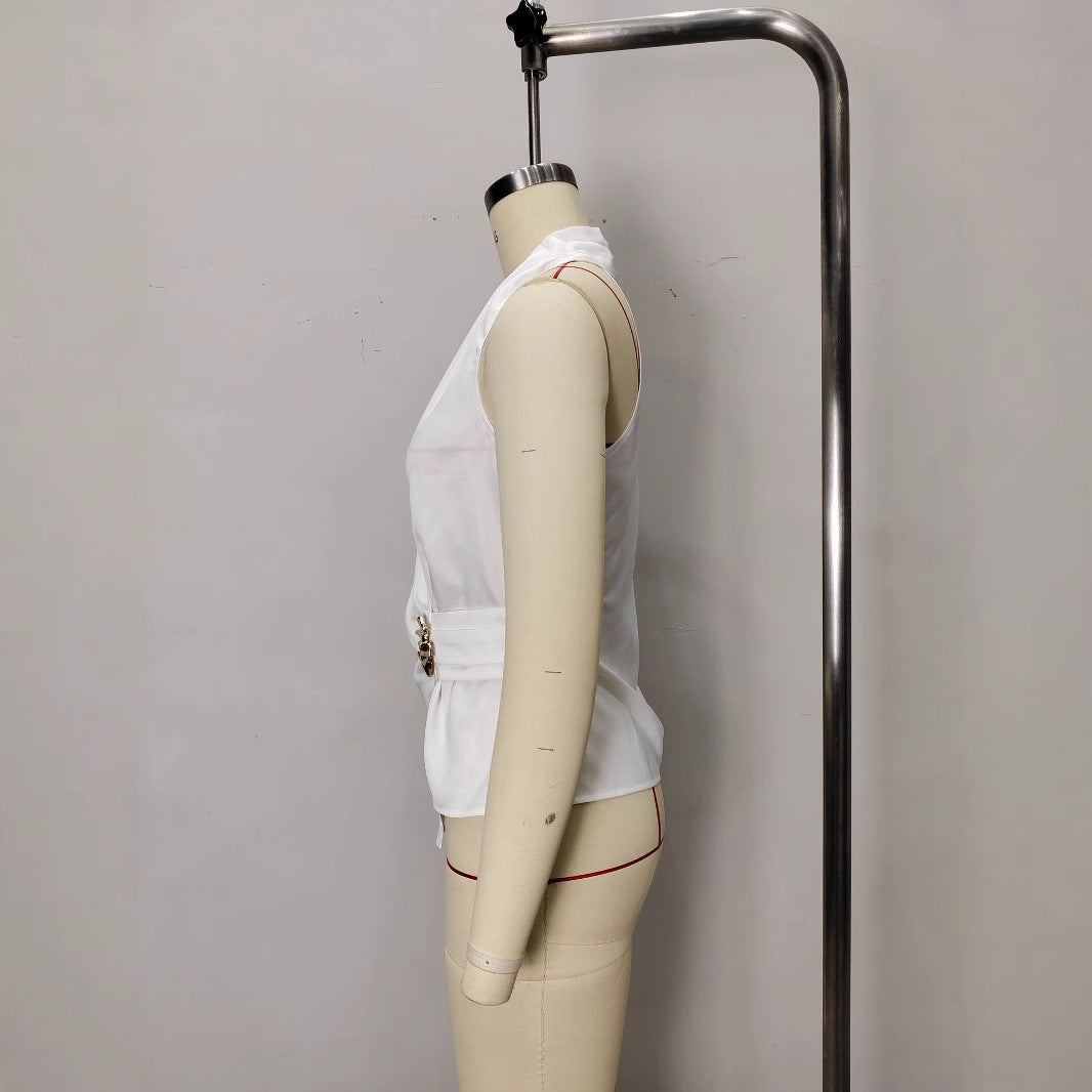 V-neck slim fit lace up sleeveless shirt for women