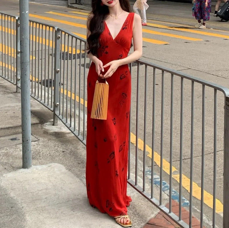 Rose Red V-Neck Strap Dress for Women Summer Slim Waist Bodycon Vacation Long Dress Women's Summer Dress