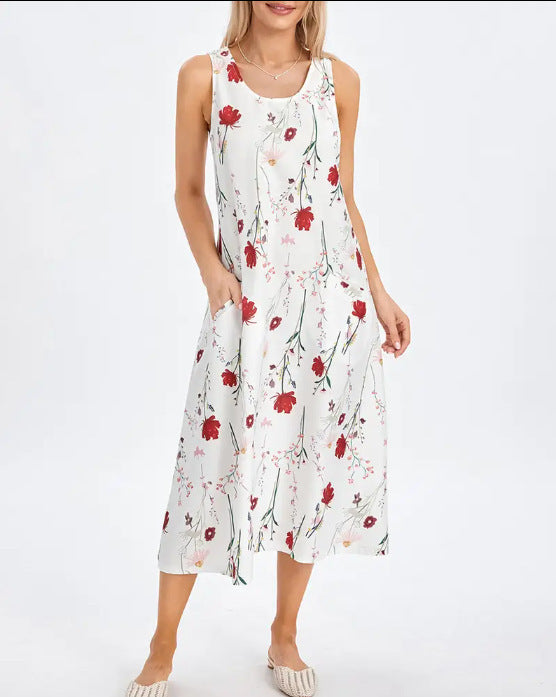 Summer Sleeveless Round Neck Printed Long Casual Vacation Versatile Dress