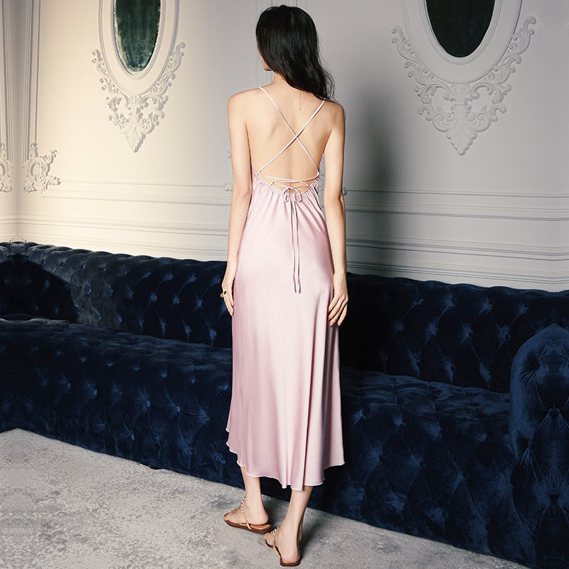 Women's Spring and Summer Swing Collar  Satin Homewear Thin Strap Dress Fresh
